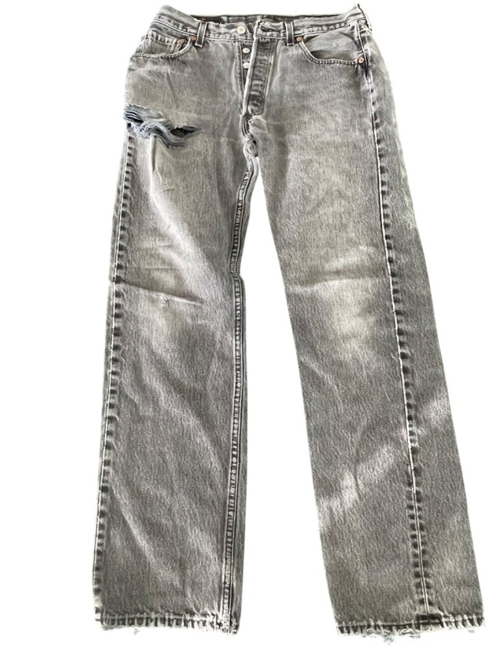 Levis 501 Distressed Gray Straight-Leg Jeans W33 L32 Frayed Hem